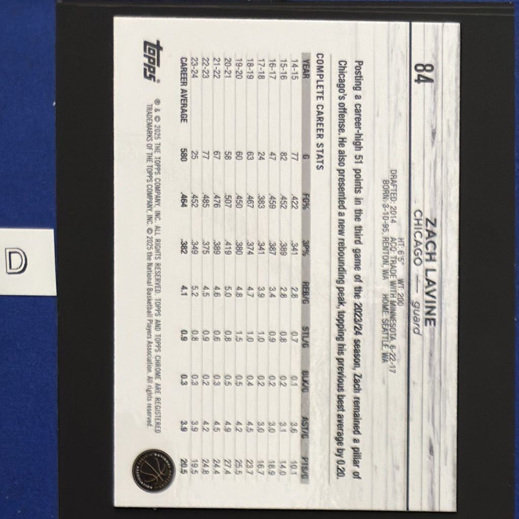 2024-25 Topps Chrome Basketball Blue Basketball Refractor Zach LaVine #84 — back view
