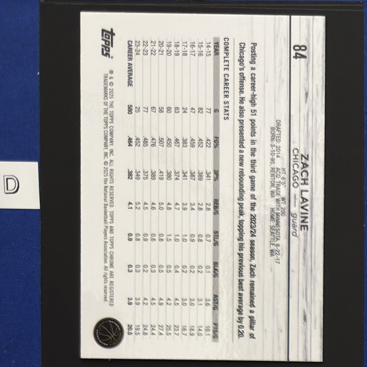 2024-25 Topps Chrome Basketball Blue Basketball Refractor Zach LaVine #84 — back view