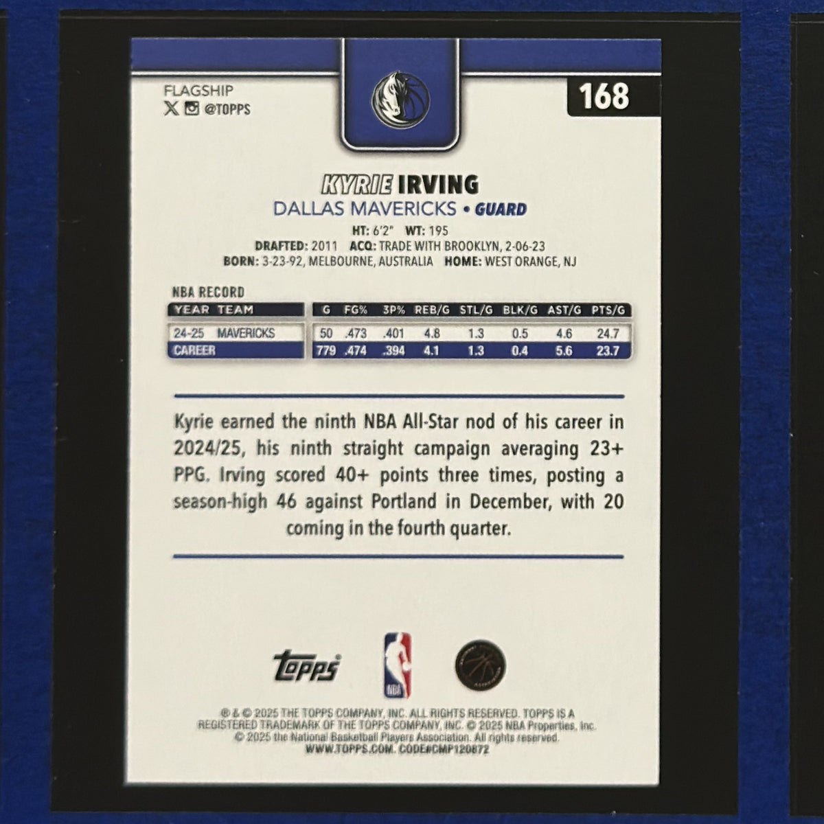 2025-26 Topps Basketball Kyrie Irving #168 — back view