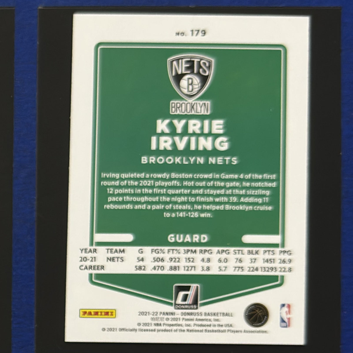 2021-22 Panini Donruss Green Holo Laser Kyrie Irving #179 — back view