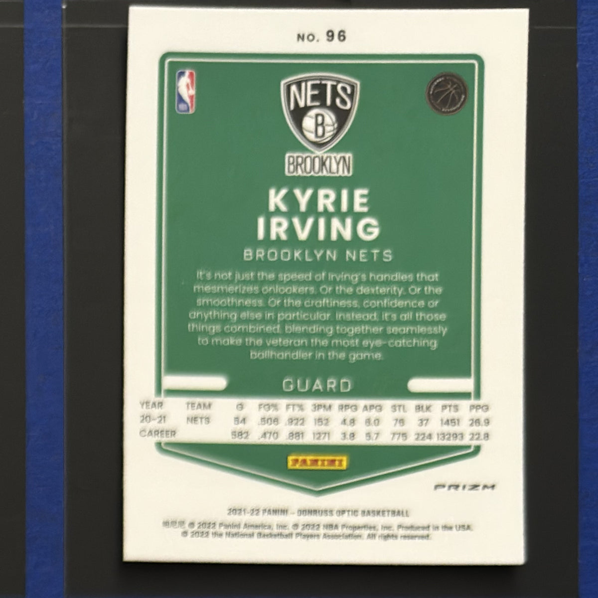 2021-22 Panini Donruss Optic Blue Velocity Kyrie Irving #96 — back view