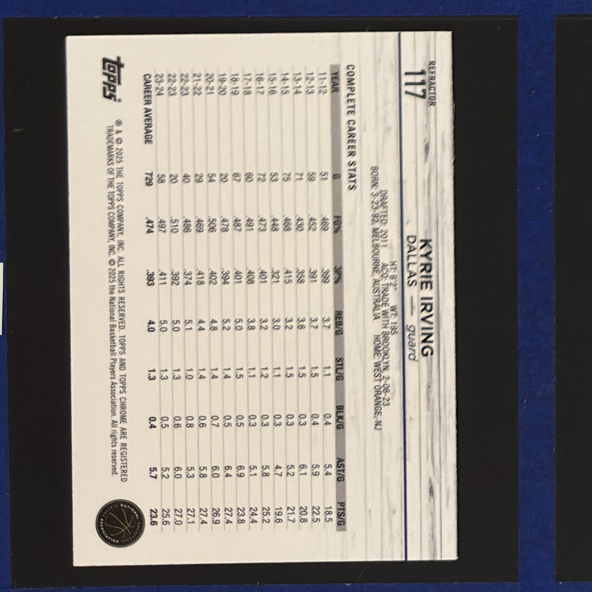 2024-25 Topps Chrome Refractor Kyrie Irving #117 — back view