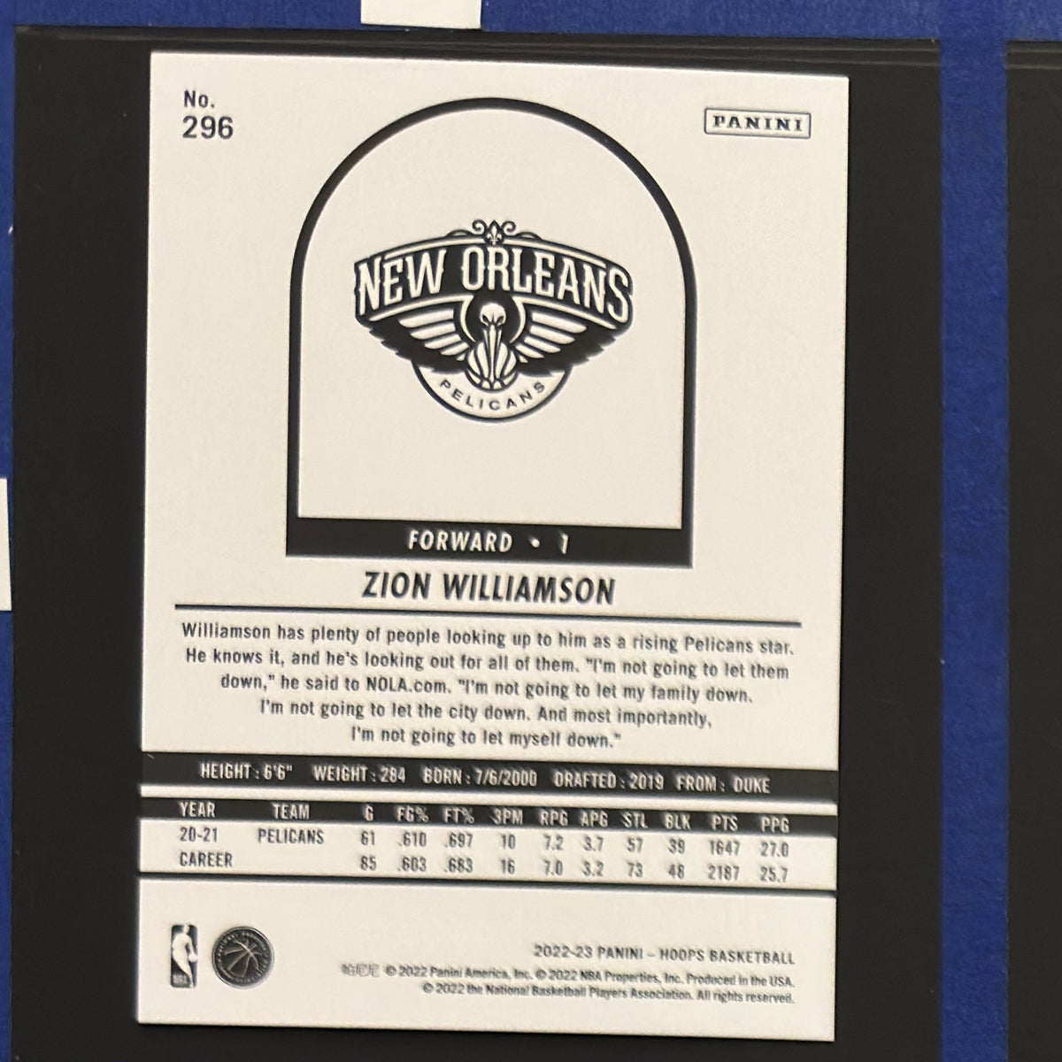 2022-23 Panini NBA Hoops Tribute Zion Williamson #296 — back view