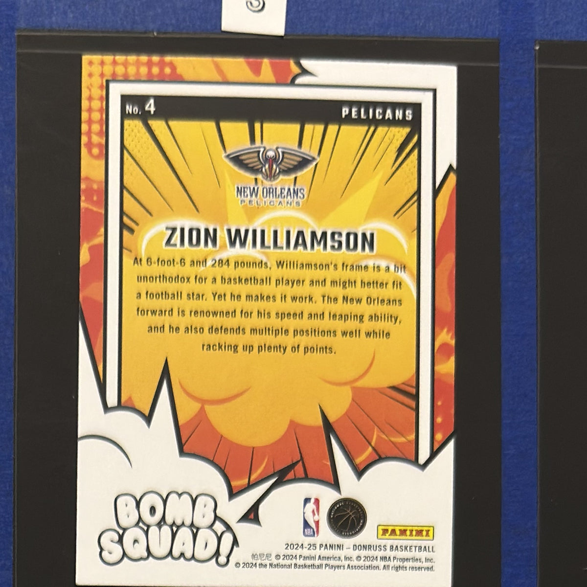 2024-25 Panini Donruss Bomb Squad Zion Williamson #4 — back view