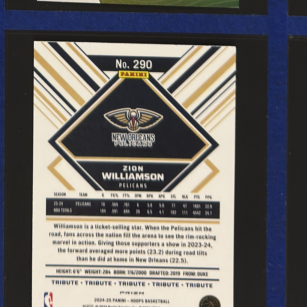 2024-25 Panini NBA Hoops Tribute Green Prizm Premium Zion Williamson #290 — back view
