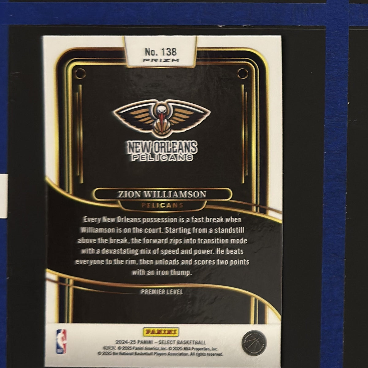 2024-25 Panini Select Premier Level Tri-Color Prizm Zion Williamson #138 — back view