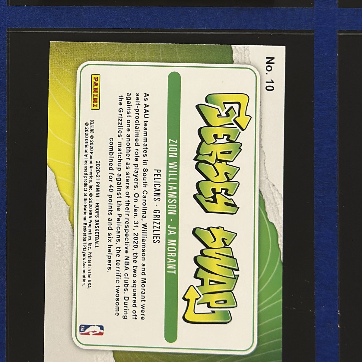 2020-21 Panini NBA Hoops Jersey Swap Ja Morant / Zion Williamson #10 — back view