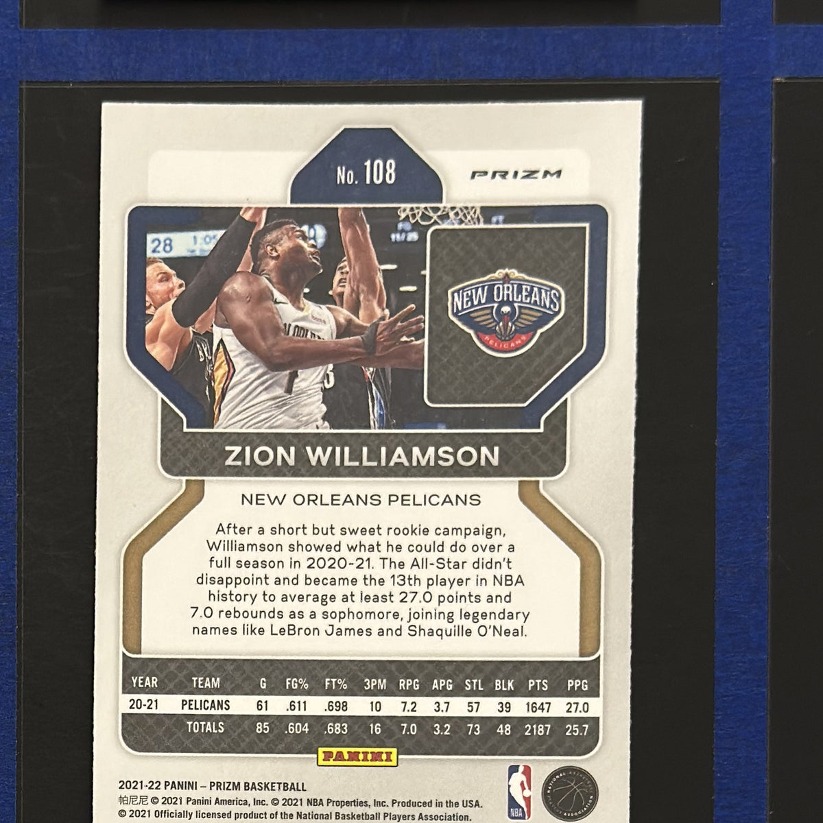 2021-22 Panini Prizm Ice Prizm Zion Williamson #108 — back view