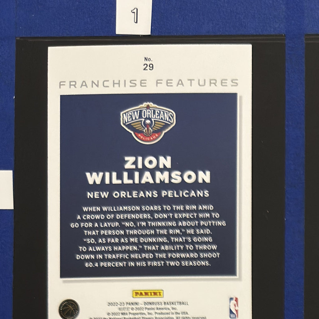 2022-23 Panini Donruss Franchise Features Zion Williamson #29 — back view