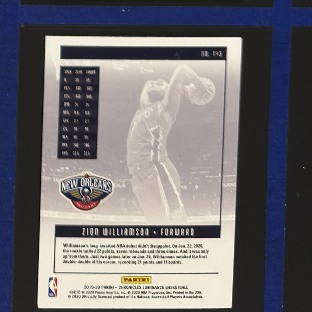 2019-20 Panini Chronicles Luminance Zion Williamson RC #143 — back view