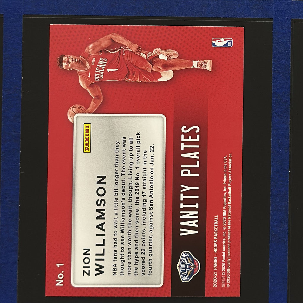 2020-21 Panini NBA Hoops Vanity Plates Zion Williamson #1 — back view