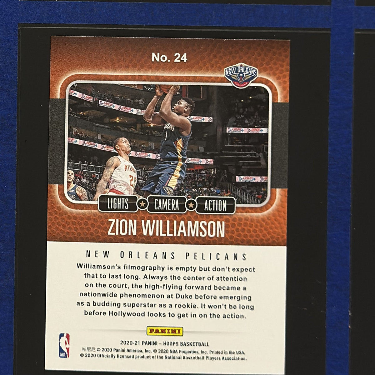 2020-21 Panini NBA Hoops Lights Camera Action Zion Williamson #24 — back view