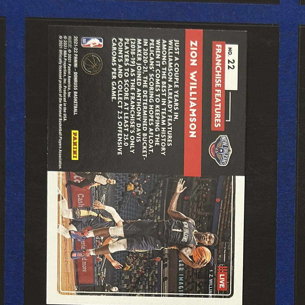 2021-22 Panini Donruss Franchise Features Holo Teal Laser Zion Williamson #22 — back view