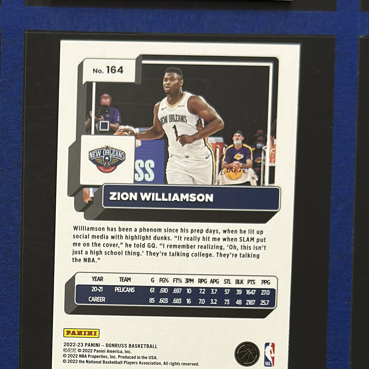 2022-23 Panini Donruss Holo Green Laser Zion Williamson #164 — back view