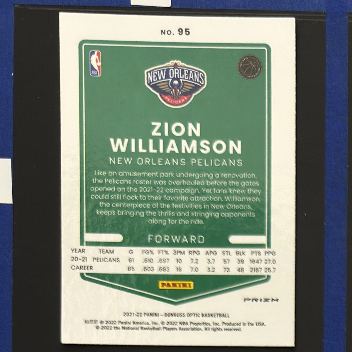 2021-22 Panini Donruss Optic Blue Velocity Prizm Zion Williamson #95 — back view