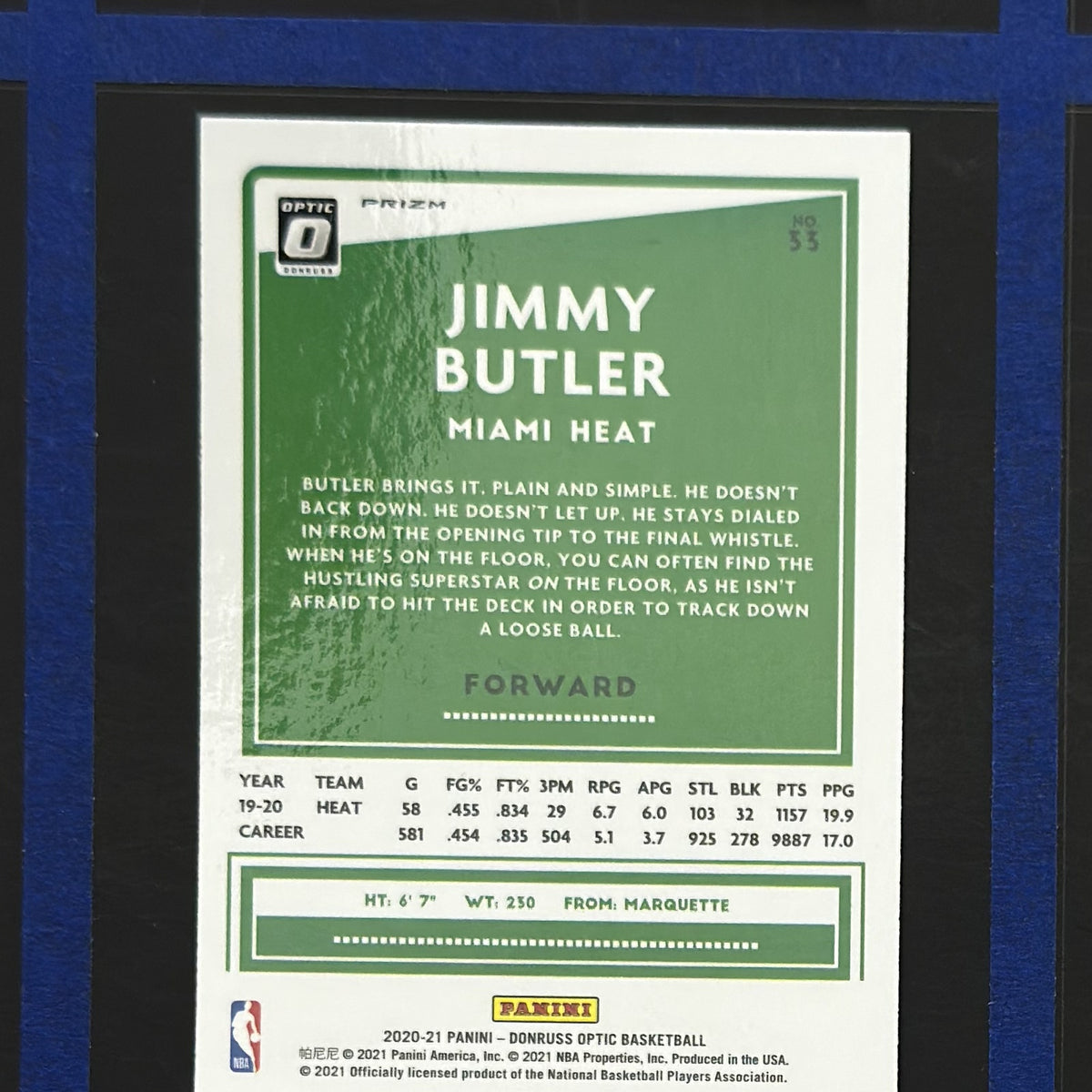 2020-21 Panini Donruss Optic Hyper Pink Prizm Jimmy Butler #53 — back view