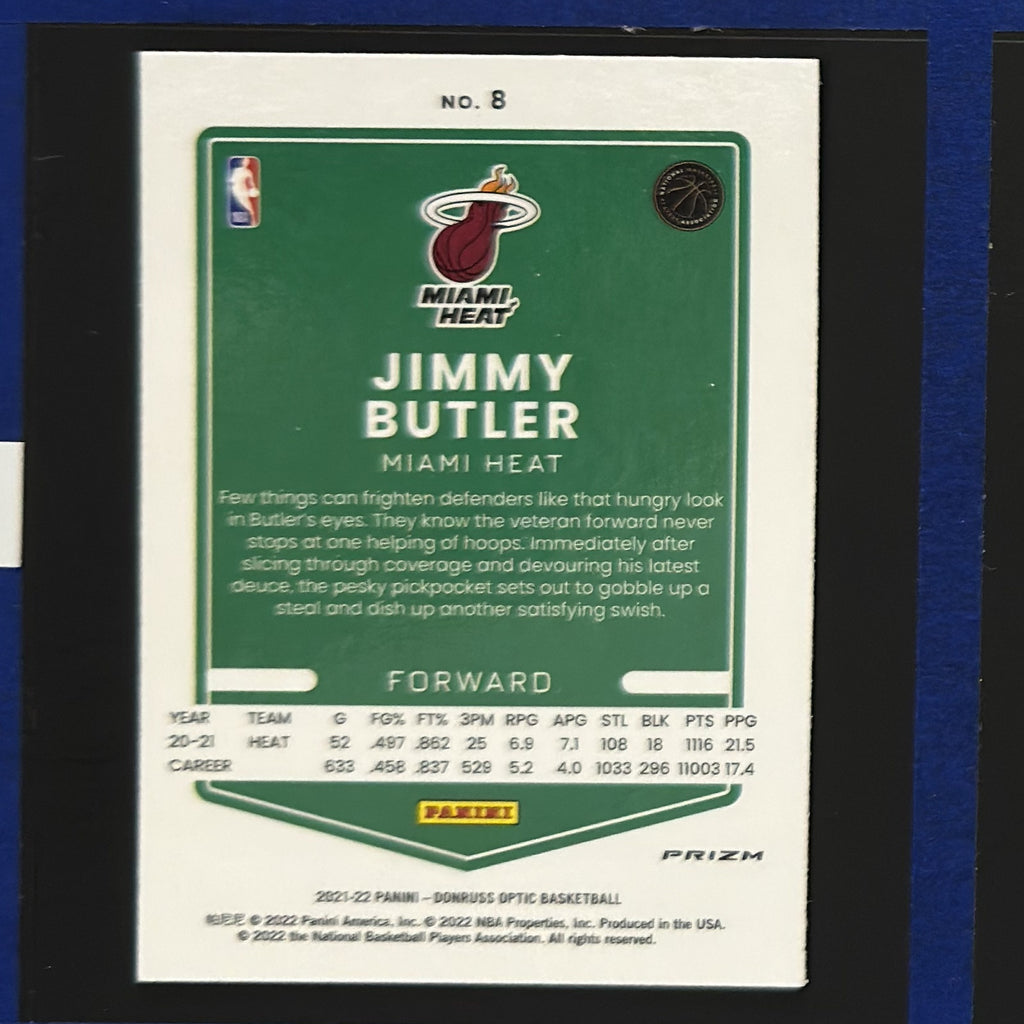 2021-22 Panini Donruss Optic Blue Velocity Prizm Jimmy Butler #8 — back view