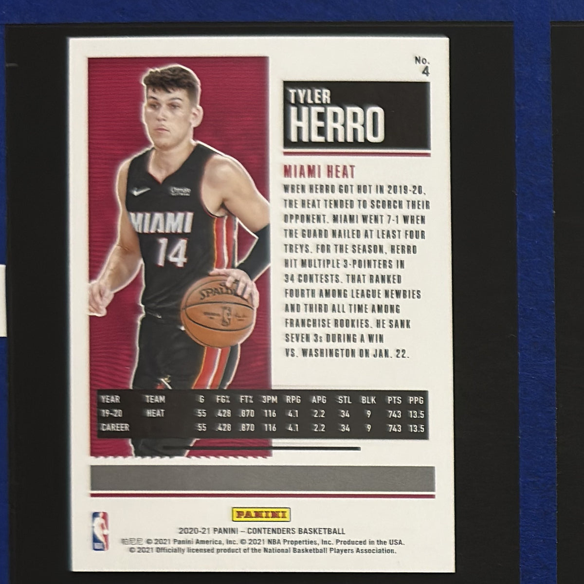 2020-21 Panini Contenders Game Ticket Tyler Herro #4 — back view