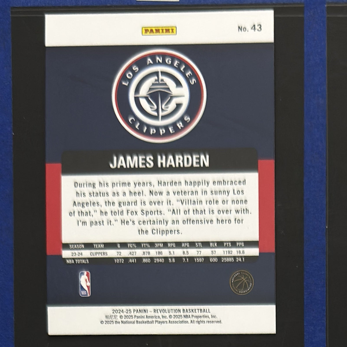 2024-25 Panini Revolution James Harden #43 — back view