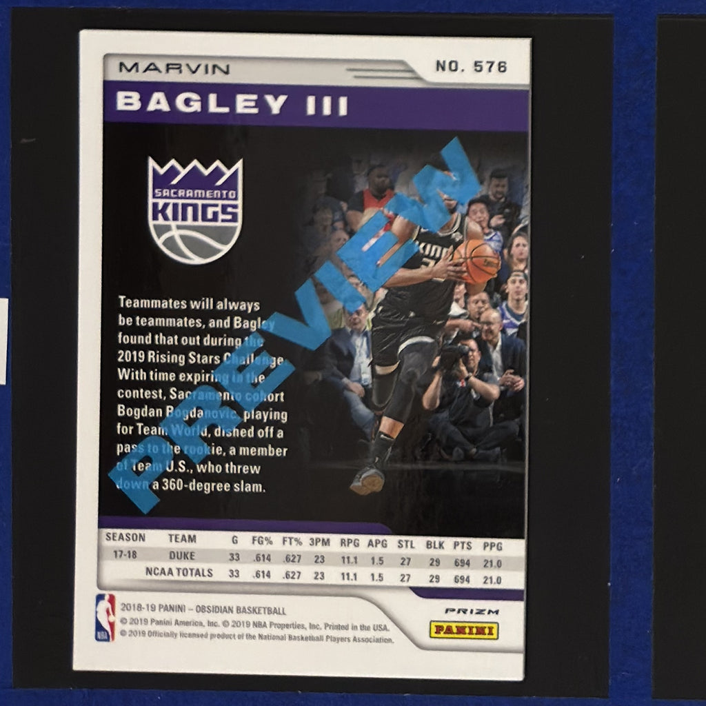 2018-19 Panini Chronicles Obsidian Preview Marvin Bagley III RC #576 — back view