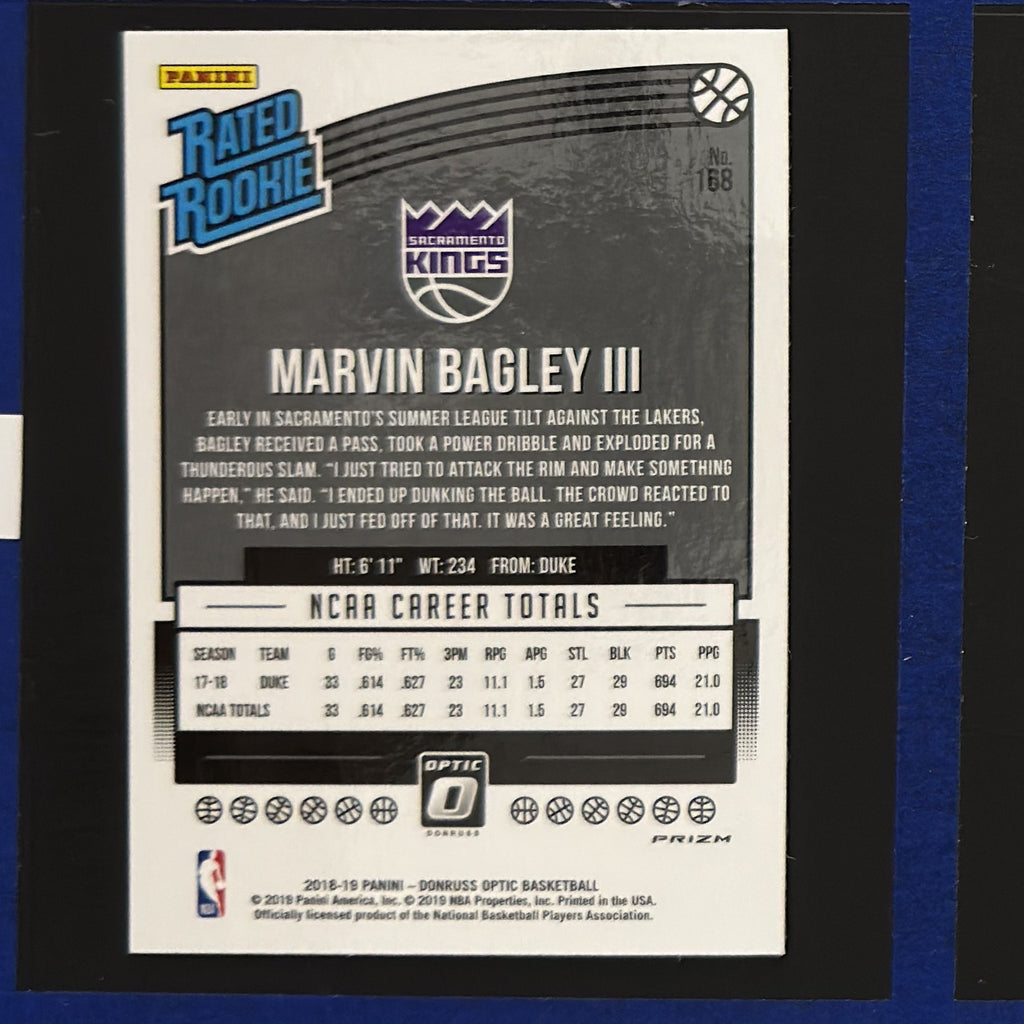 2018-19 Panini Donruss Optic Rated Rookie Blue Velocity Prizm Marvin Bagley III RC #168 — back view