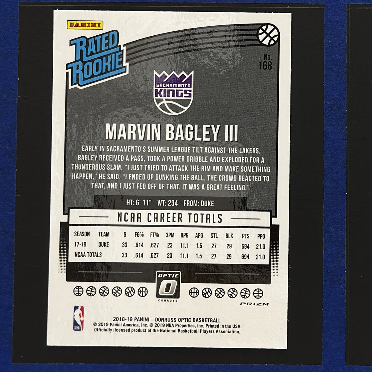 2018-19 Panini Donruss Optic Rated Rookie Purple Prizm Marvin Bagley III RC #168 — back view