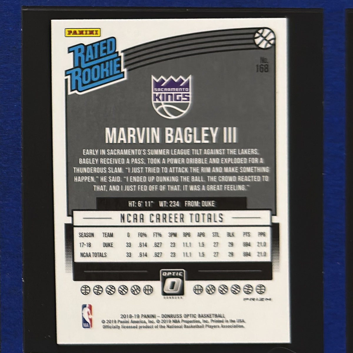 2018-19 Panini Donruss Optic Rated Rookie Hyper Pink Prizm Marvin Bagley III RC #168 — back view
