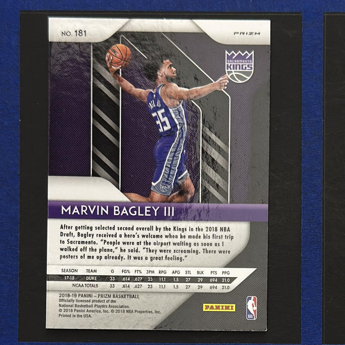 2018-19 Panini Prizm Pink Ice Prizm Marvin Bagley III RC #181 — back view