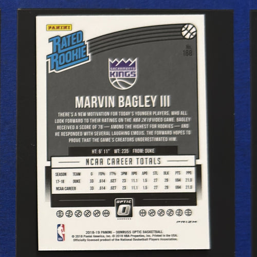 2018-19 Panini Donruss Optic Rated Rookie Shock Prizm Marvin Bagley III RC #168 — back view