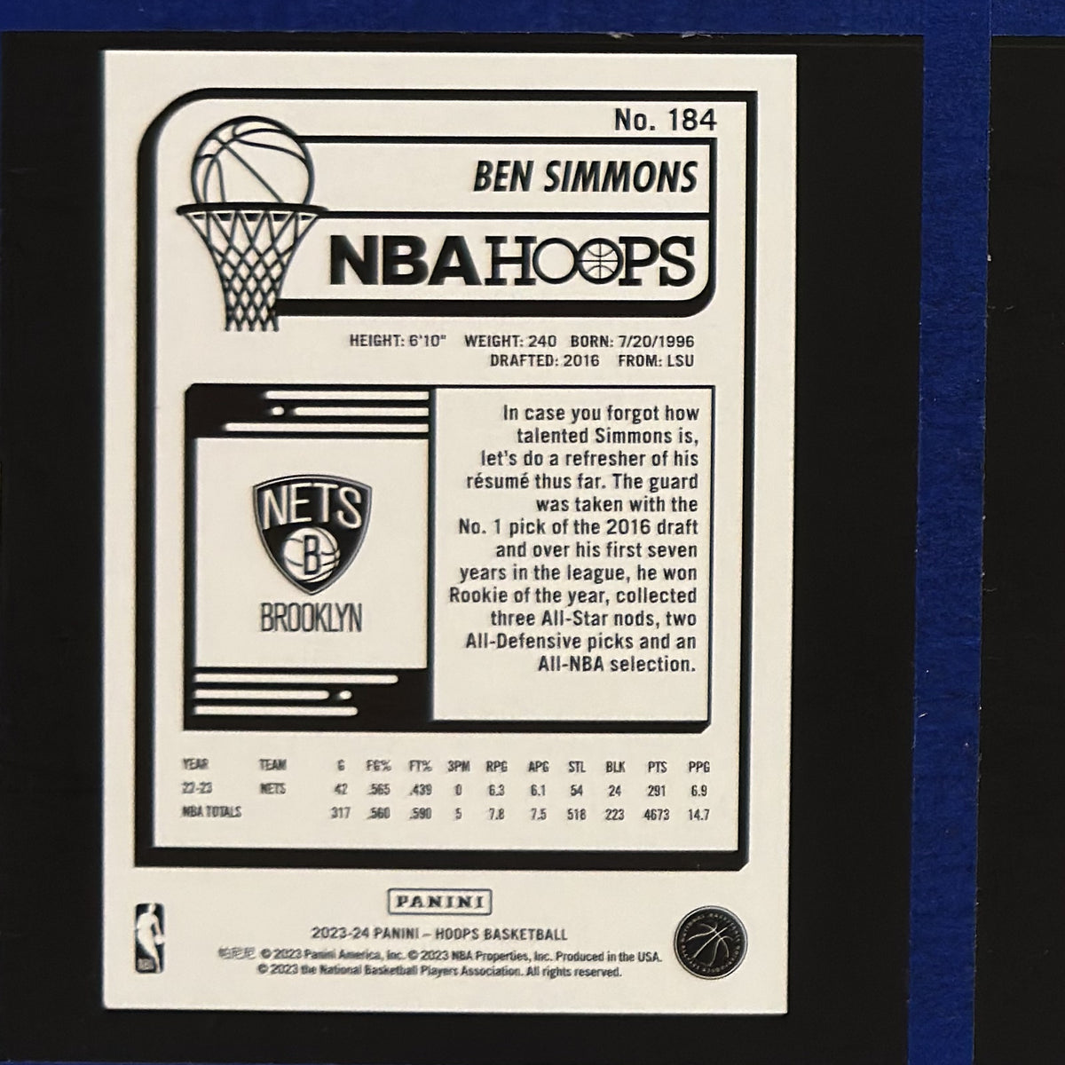 2023-24 Panini NBA Hoops Purple Ben Simmons #184 — back view
