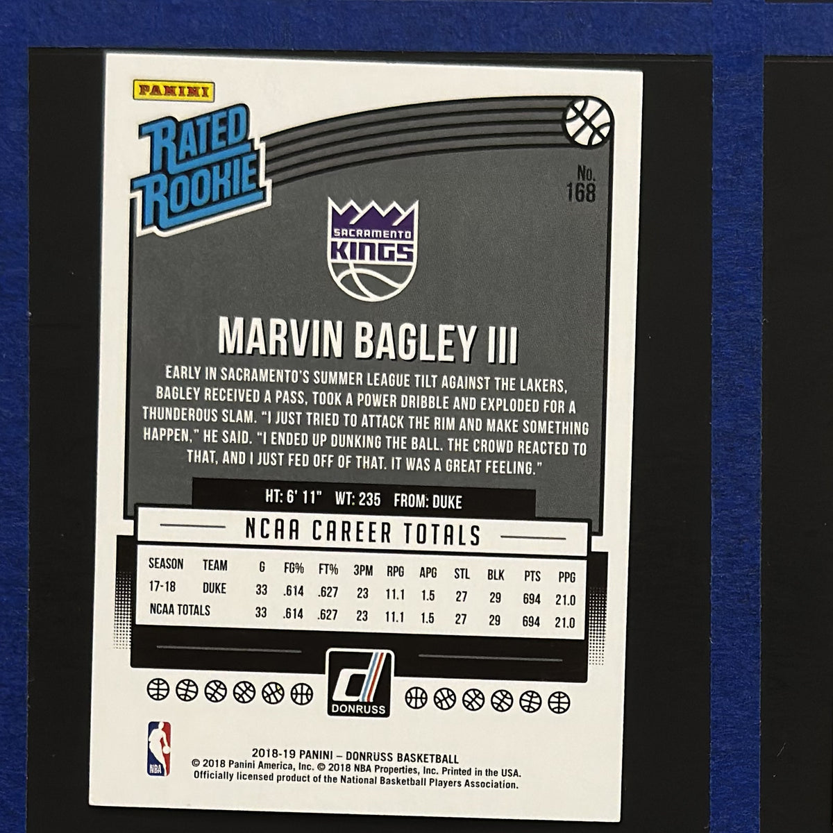 2018-19 Panini Donruss Rated Rookie Marvin Bagley III RC #168 — back view
