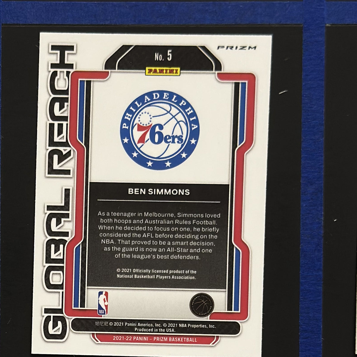 2021-22 Panini Prizm Global Reach Silver Prizm Ben Simmons #5 — back view