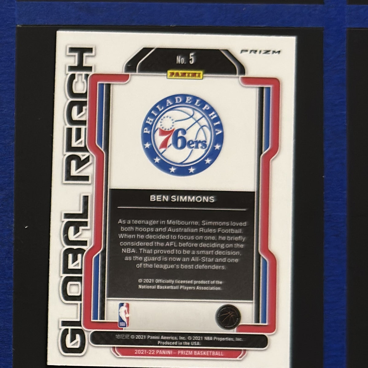 2021-22 Panini Prizm Global Reach Green Prizm Ben Simmons #5 — back view
