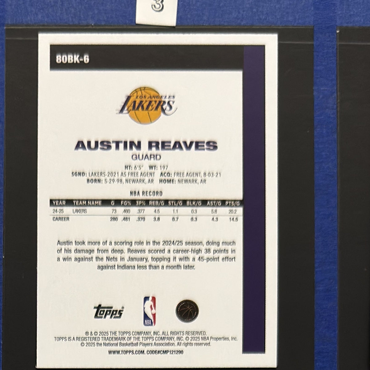 2025-26 Topps 1980-81 Topps Basketball Pink Austin Reaves #80BK-6 — back view