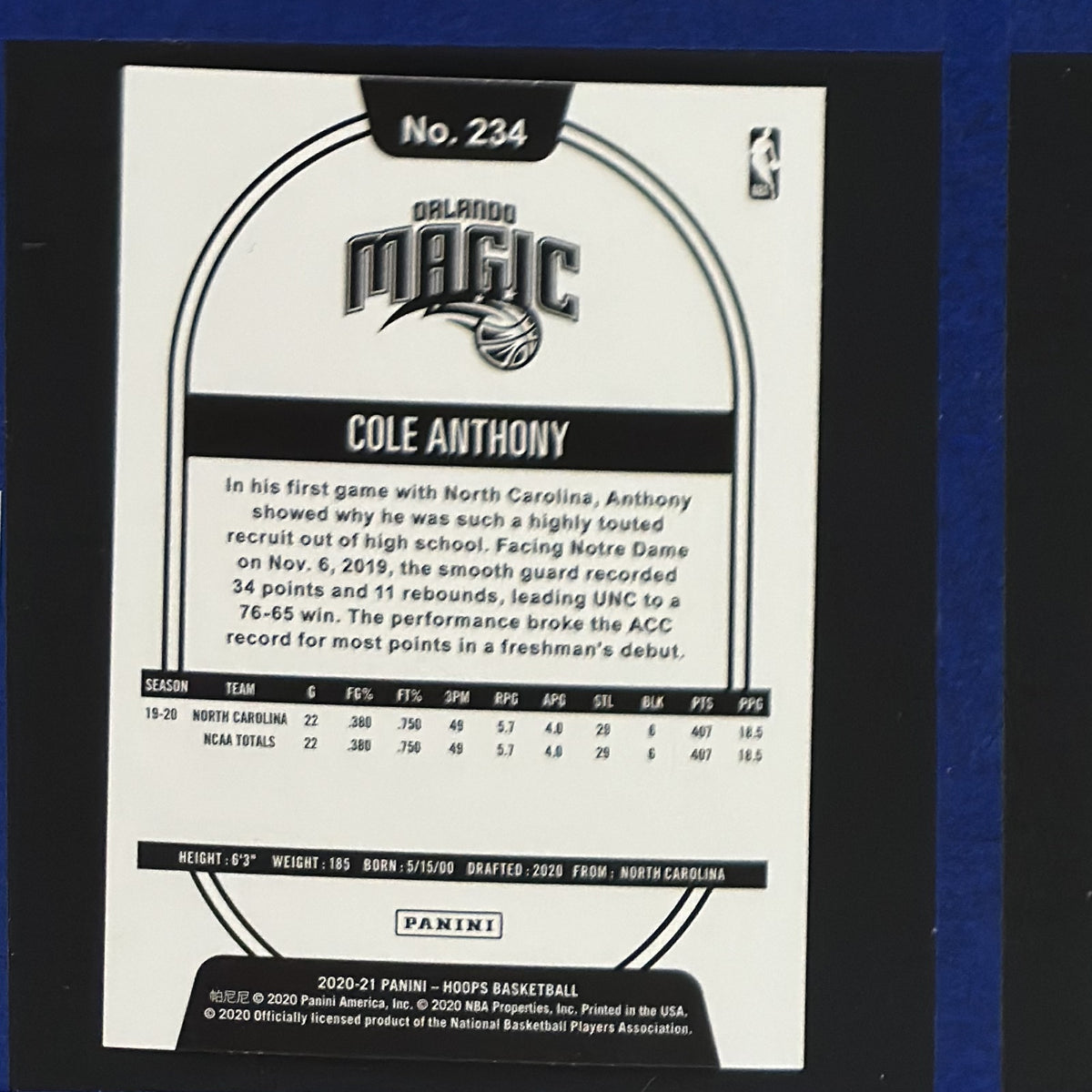 2020-21 Panini NBA Hoops Cole Anthony RC #234 — back view