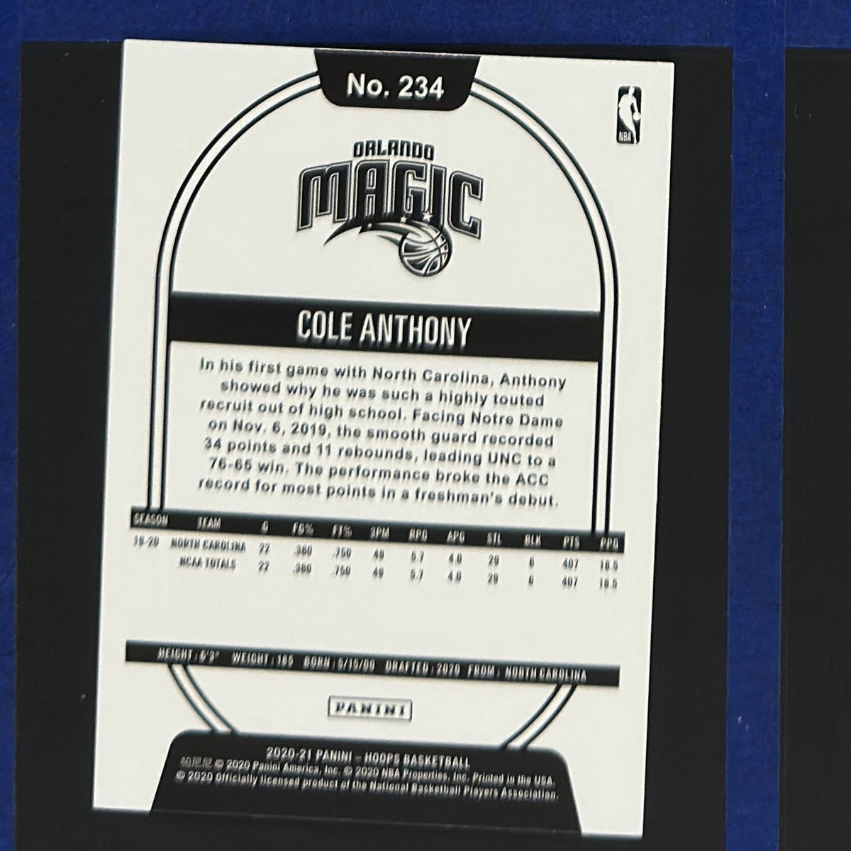 2020-21 Panini NBA Hoops Teal Explosion Cole Anthony RC #234 — back view