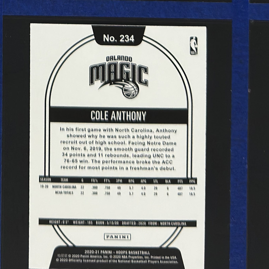 2020-21 Panini NBA Hoops Purple Explosion Cole Anthony RC #234 — back view