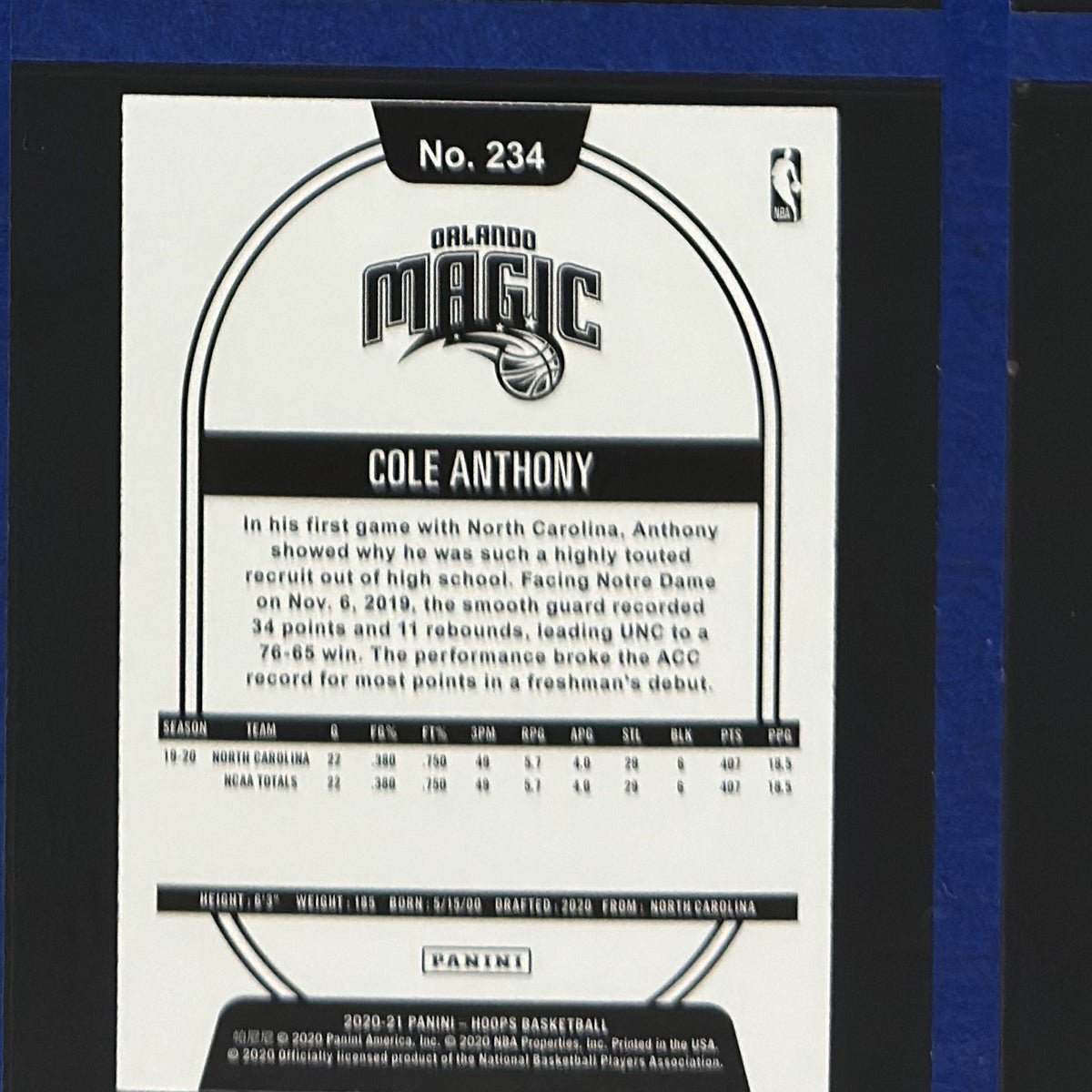 2020-21 Panini NBA Hoops Purple Explosion Cole Anthony RC #234 — back view