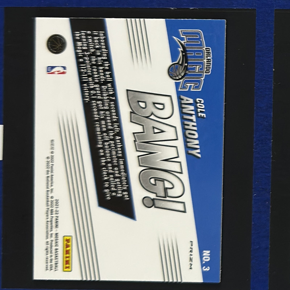 2021-22 Panini Mosaic Bang! Green Mosaic Prizm Cole Anthony #3 — back view
