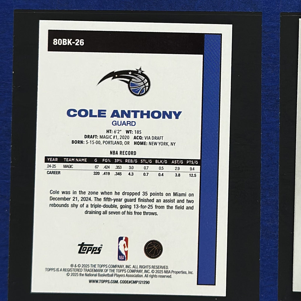 2025-26 Topps 1980-81 Topps Basketball Cole Anthony #80BK-26 — back view