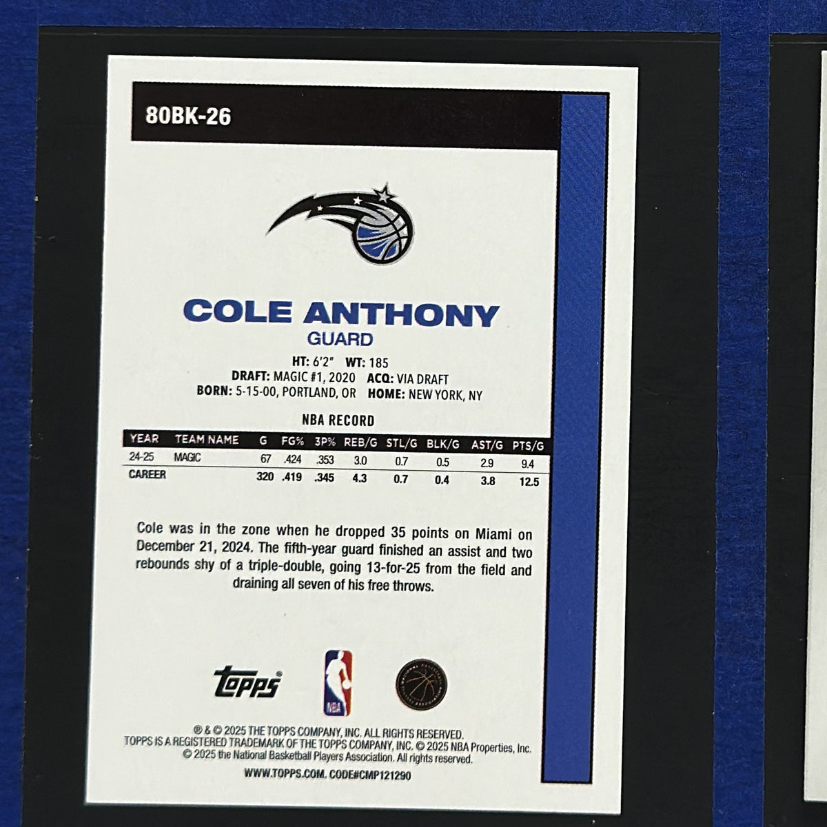2025-26 Topps 1980-81 Topps Basketball Cole Anthony #80BK-26 — back view
