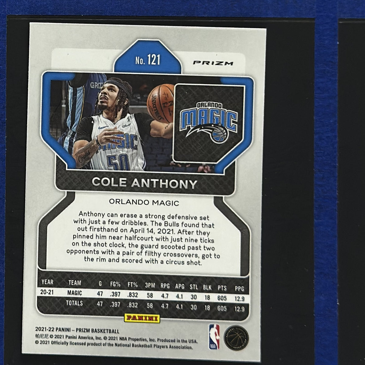 2021-22 Panini Prizm Silver Prizm Cole Anthony #121 — back view