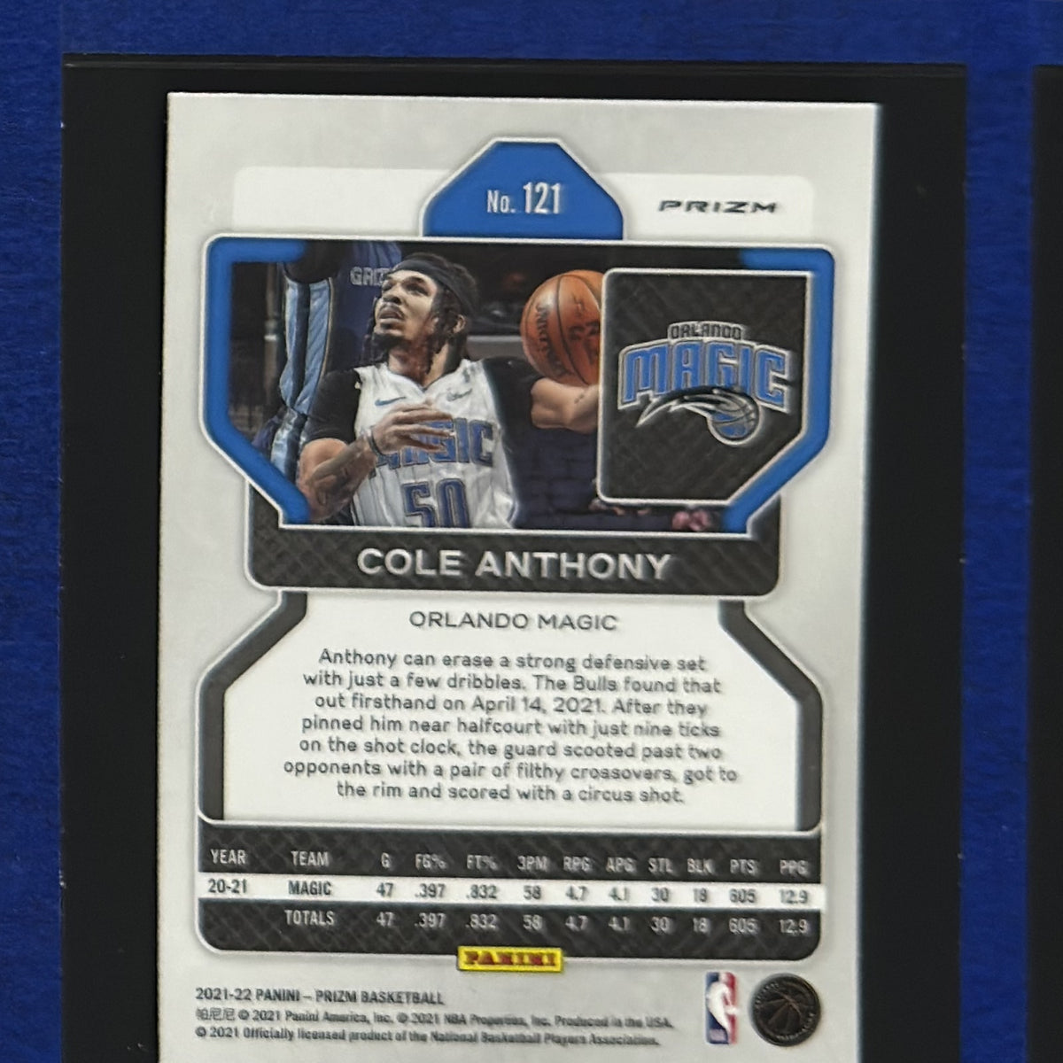 2021-22 Panini Prizm Pink Ice Prizm Cole Anthony #121 — back view