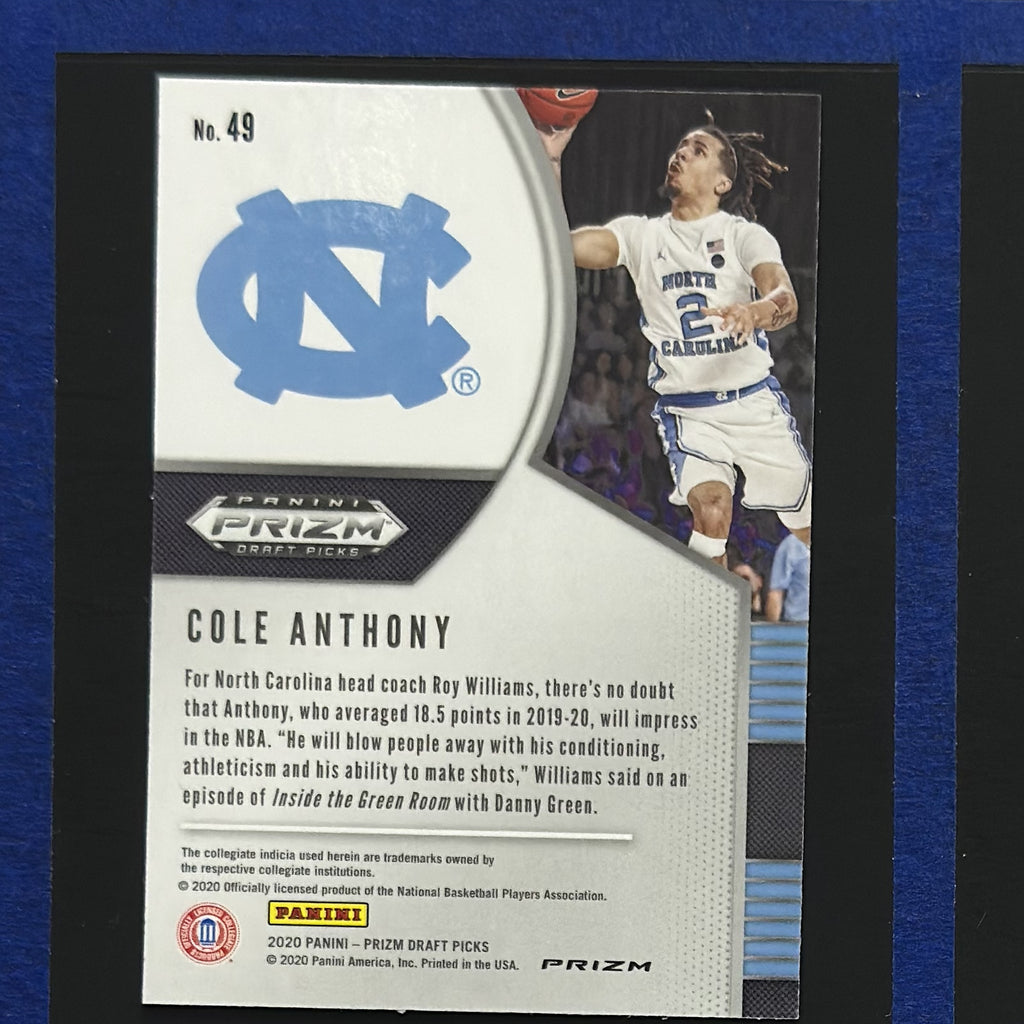 2020 Panini Prizm Draft Picks Red Ice Prizm Cole Anthony RC #49 — back view