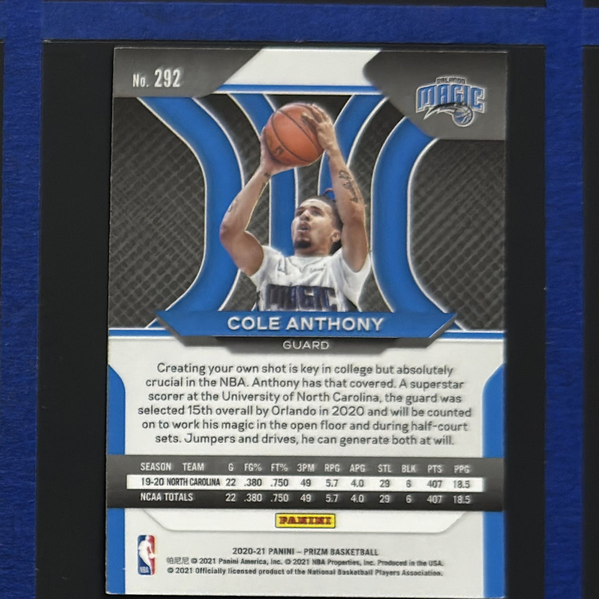 2020-21 Panini Prizm Cole Anthony RC #292 — back view
