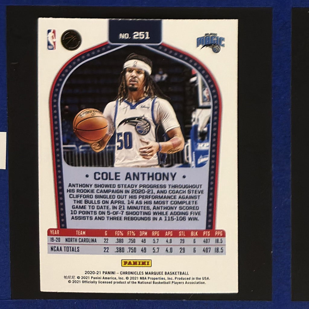 2020-21 Panini Chronicles Marquee Cole Anthony RC #251 — back view