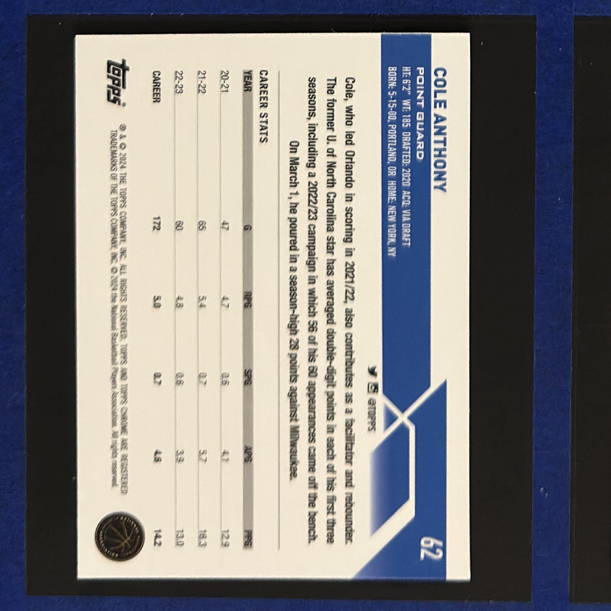 2023-24 Topps Chrome Orange Basketball Refractor Cole Anthony #62 — back view