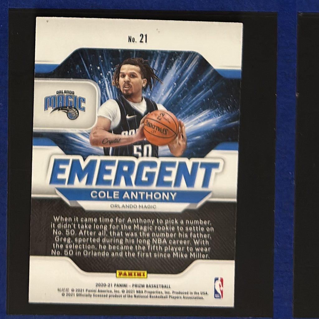 2020-21 Panini Prizm Emergent Cole Anthony RC #21 — back view