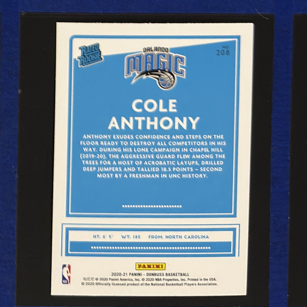 2020-21 Panini Donruss Rated Rookie Cole Anthony RC #208 — back view