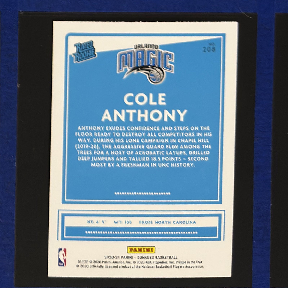 2020-21 Panini Donruss Rated Rookie Cole Anthony RC #208 — back view
